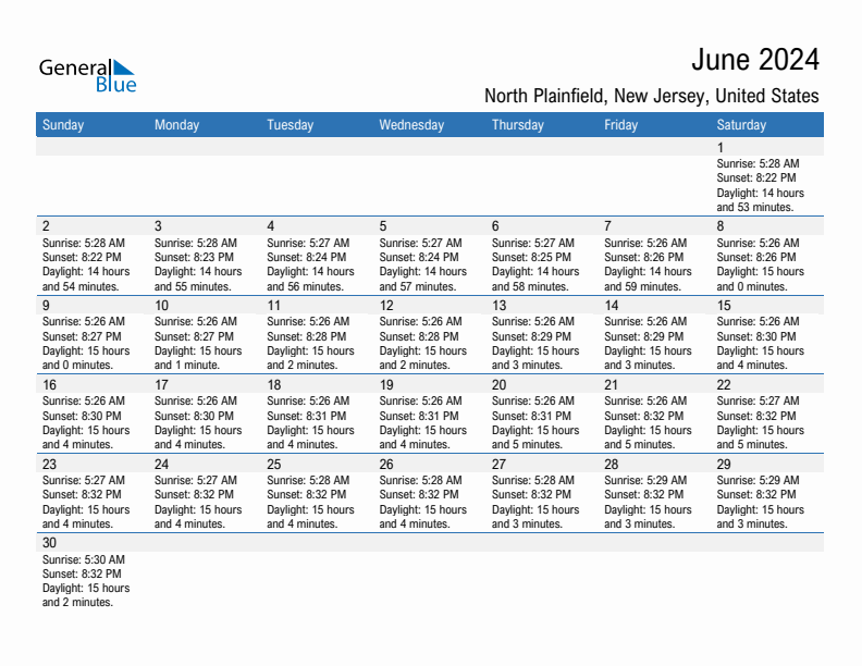 North Plainfield June 2024 sunrise and sunset calendar in PDF, Excel, and Word