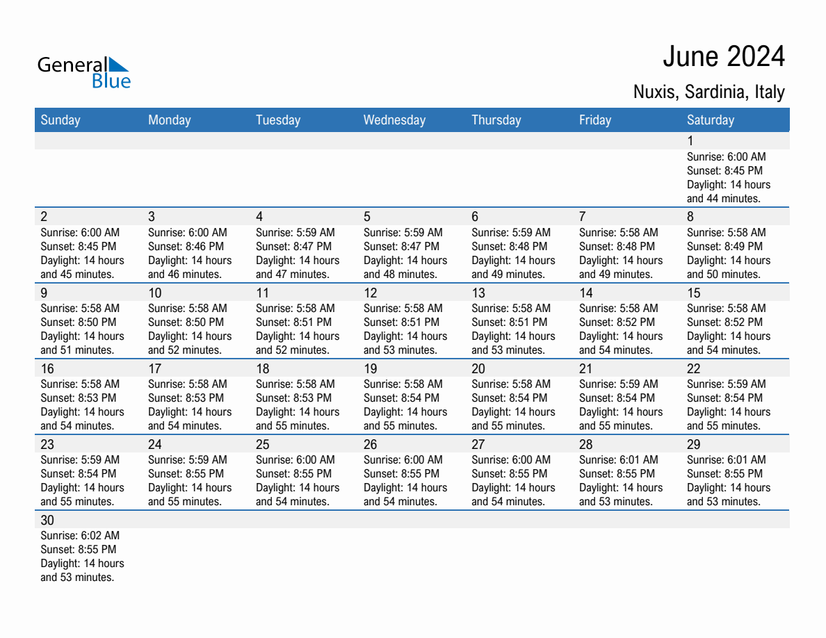 June 2024 sunrise and sunset calendar for Nuxis