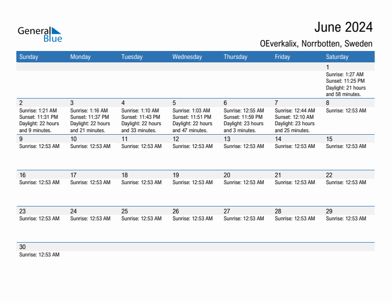 OEverkalix June 2024 sunrise and sunset calendar in PDF, Excel, and Word