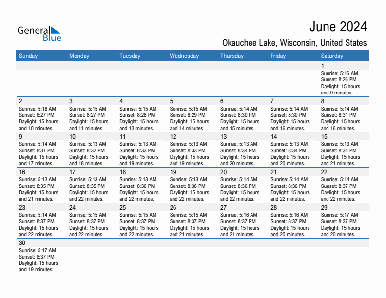 Okauchee Lake June 2024 sunrise and sunset calendar in PDF, Excel, and Word