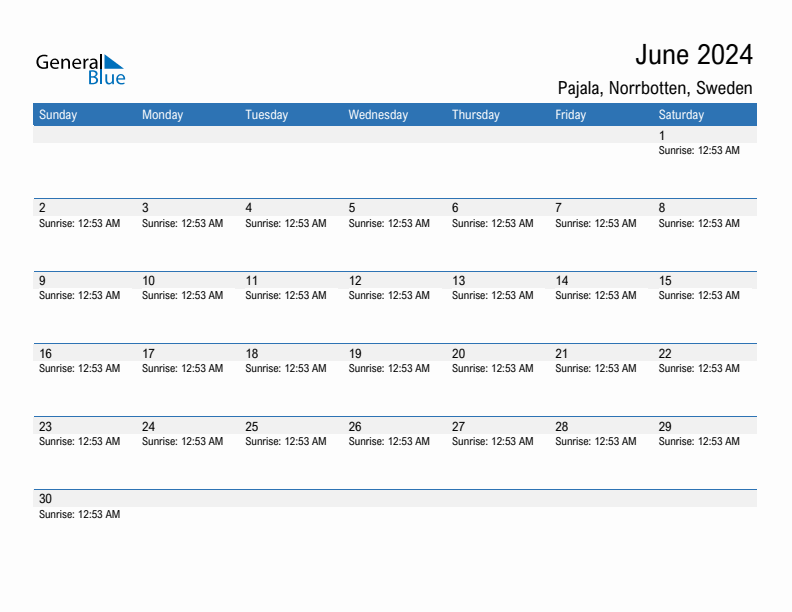 Pajala June 2024 sunrise and sunset calendar in PDF, Excel, and Word