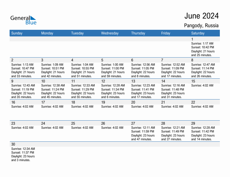 Pangody June 2024 sunrise and sunset calendar in PDF, Excel, and Word