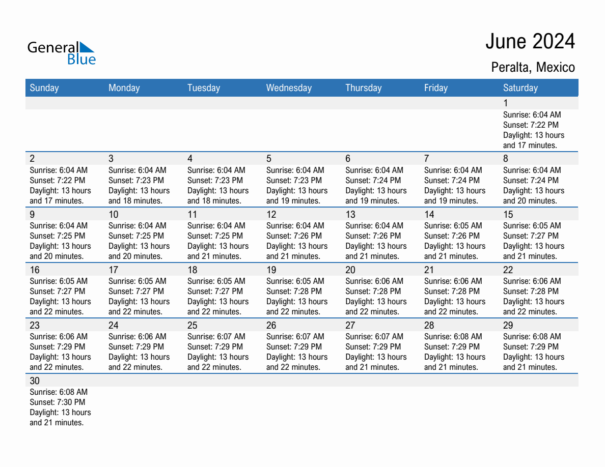 June 2024 Sunrise and Sunset Calendar for Peralta (PDF, Excel, Word)