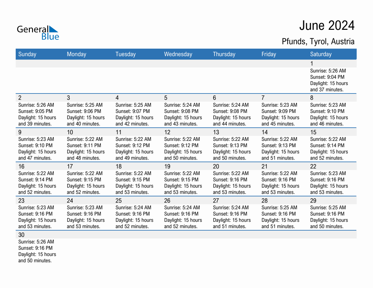 June 2024 sunrise and sunset calendar for Pfunds