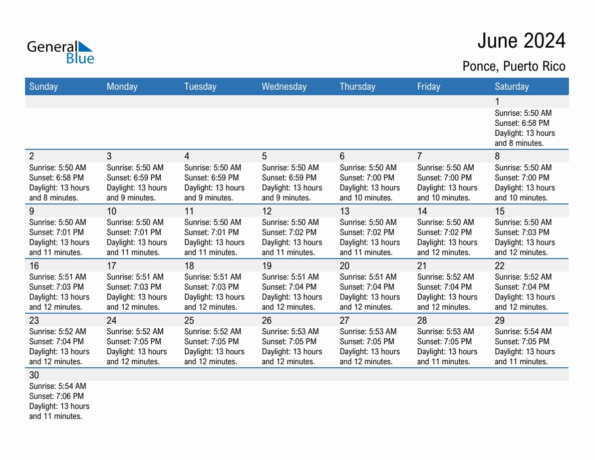 June 2024 sunrise and sunset calendar for Ponce