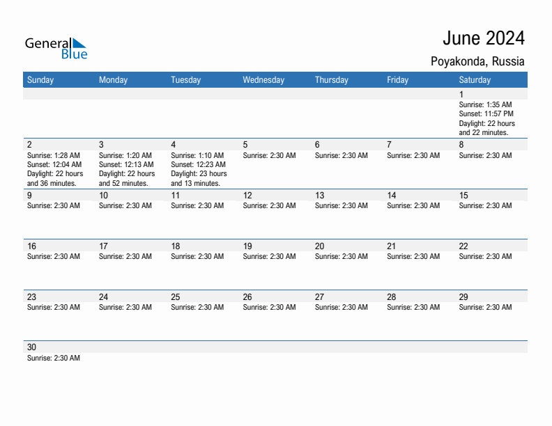 Poyakonda June 2024 sunrise and sunset calendar in PDF, Excel, and Word