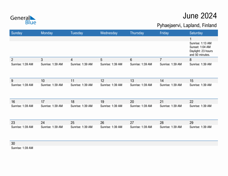 Pyhaejaervi June 2024 sunrise and sunset calendar in PDF, Excel, and Word