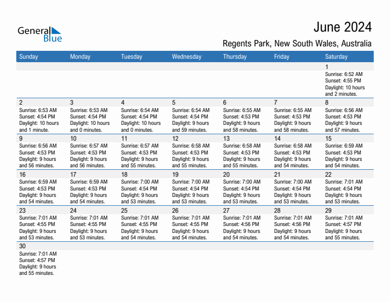 Regents Park June 2024 sunrise and sunset calendar in PDF, Excel, and Word