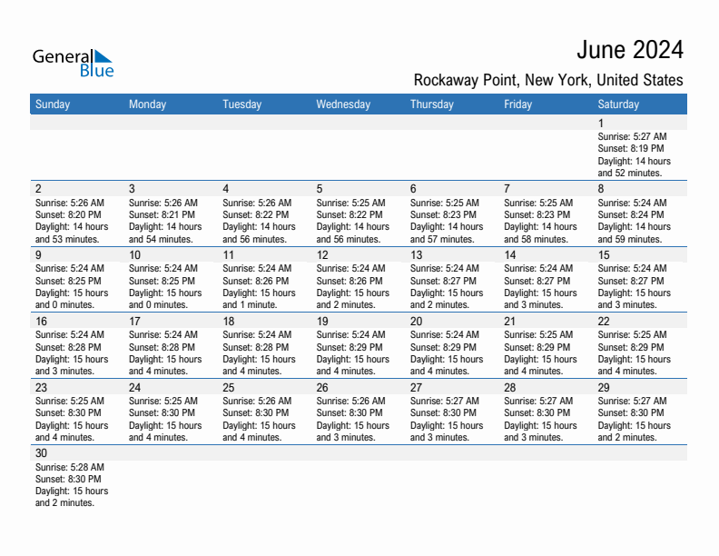 Rockaway Point June 2024 sunrise and sunset calendar in PDF, Excel, and Word