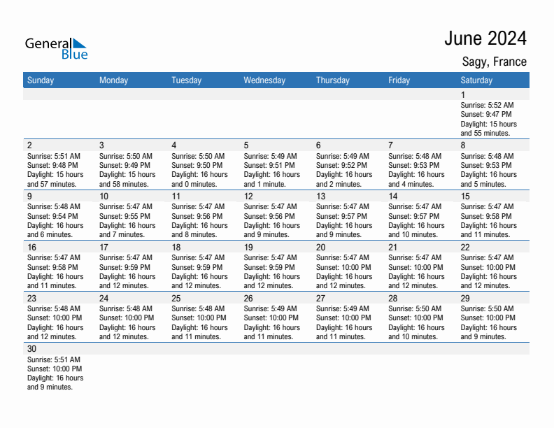 Sagy June 2024 sunrise and sunset calendar in PDF, Excel, and Word