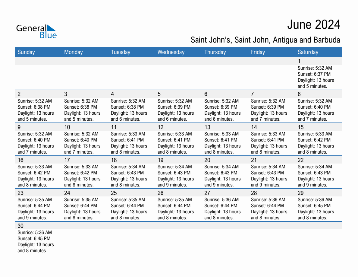 June 2024 sunrise and sunset calendar for Saint John's