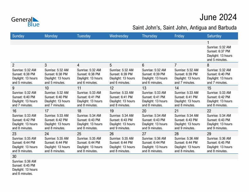 Saint John's June 2024 sunrise and sunset calendar in PDF, Excel, and Word