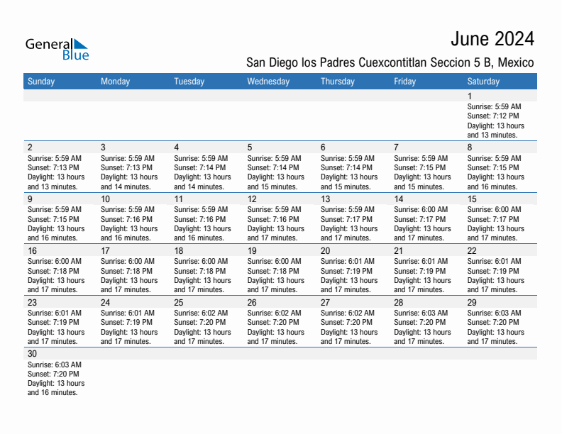 San Diego los Padres Cuexcontitlan Seccion 5 B June 2024 sunrise and sunset calendar in PDF, Excel, and Word