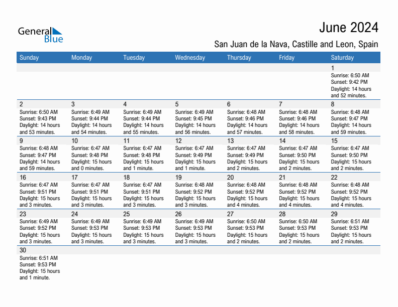 San Juan de la Nava June 2024 sunrise and sunset calendar in PDF, Excel, and Word