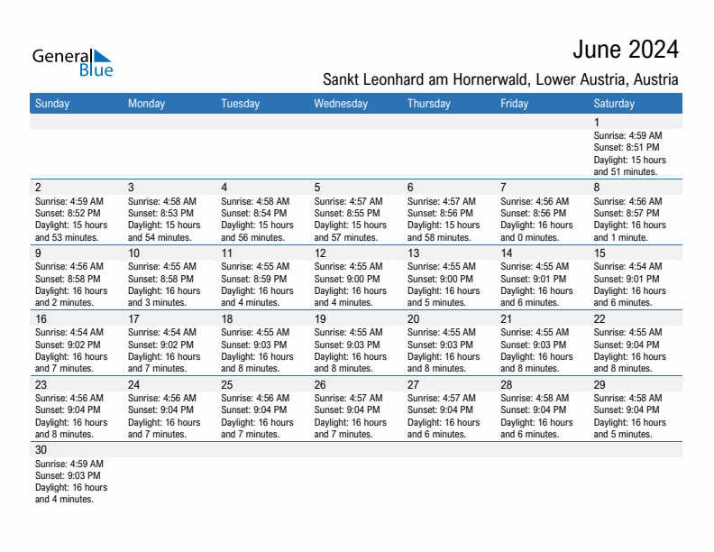 Sankt Leonhard am Hornerwald June 2024 sunrise and sunset calendar in PDF, Excel, and Word