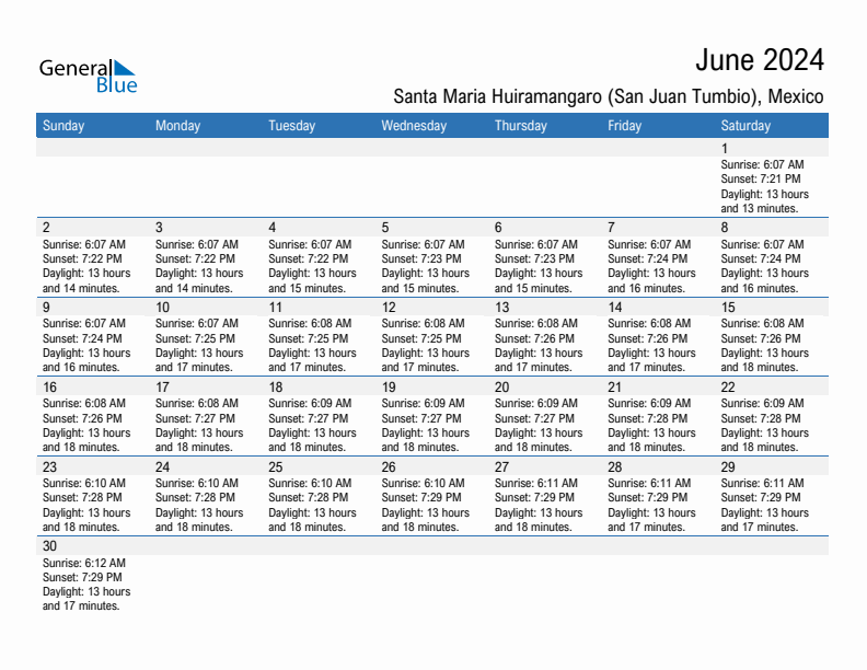 Santa Maria Huiramangaro (San Juan Tumbio) June 2024 sunrise and sunset calendar in PDF, Excel, and Word