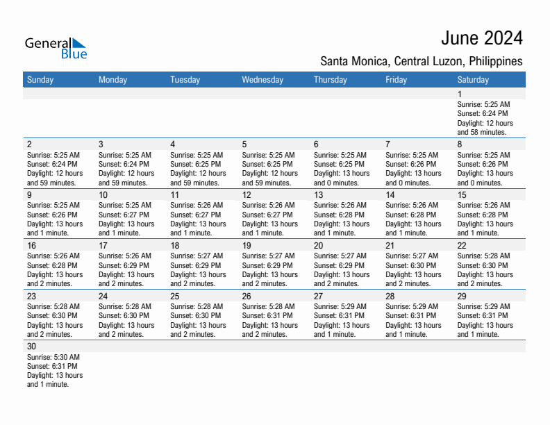 Santa Monica June 2024 sunrise and sunset calendar in PDF, Excel, and Word