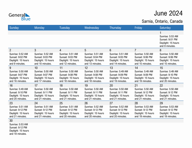 Sarnia June 2024 sunrise and sunset calendar in PDF, Excel, and Word