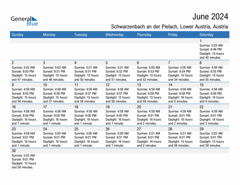 Schwarzenbach an der Pielach June 2024 sunrise and sunset calendar in PDF, Excel, and Word