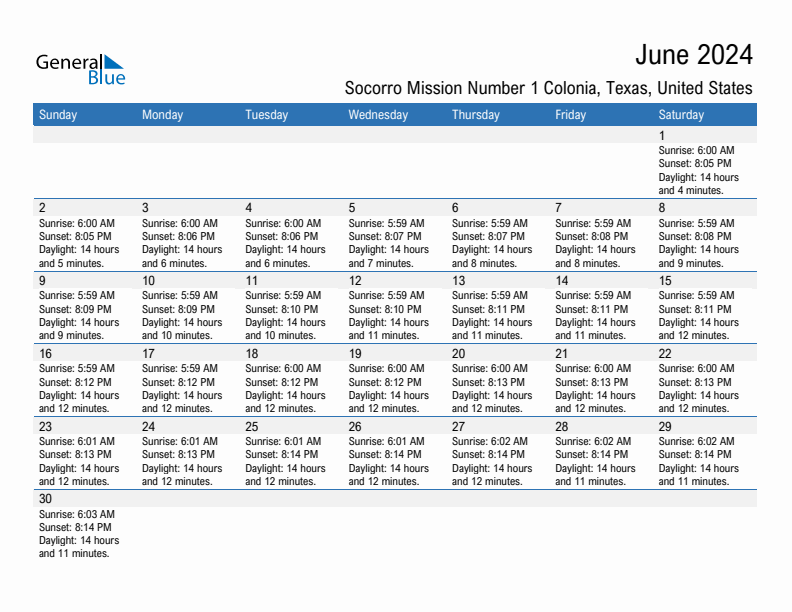 Socorro Mission Number 1 Colonia June 2024 sunrise and sunset calendar in PDF, Excel, and Word