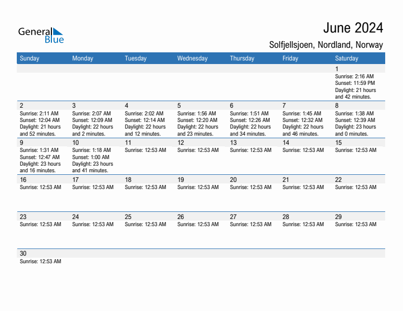 Solfjellsjoen June 2024 sunrise and sunset calendar in PDF, Excel, and Word