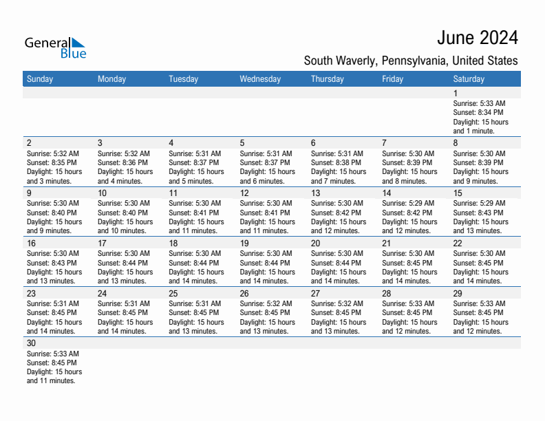 South Waverly June 2024 sunrise and sunset calendar in PDF, Excel, and Word