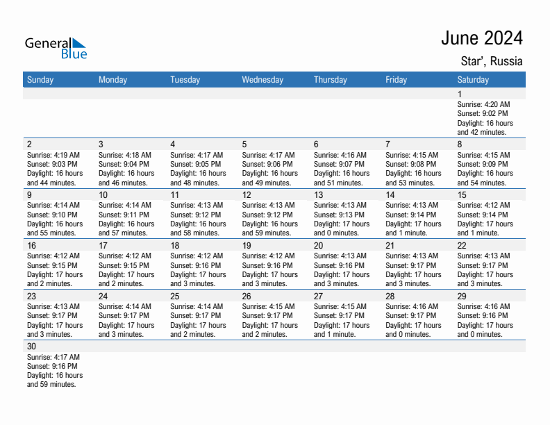 Star' June 2024 sunrise and sunset calendar in PDF, Excel, and Word