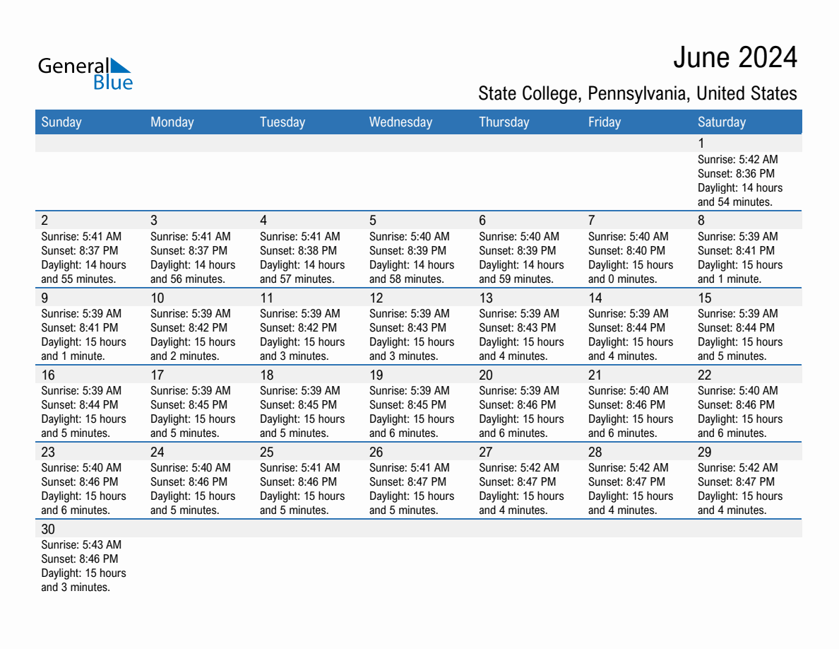 June 2024 sunrise and sunset calendar for State College