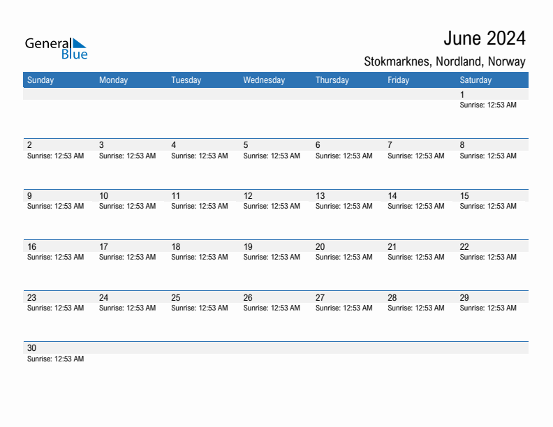 Stokmarknes June 2024 sunrise and sunset calendar in PDF, Excel, and Word