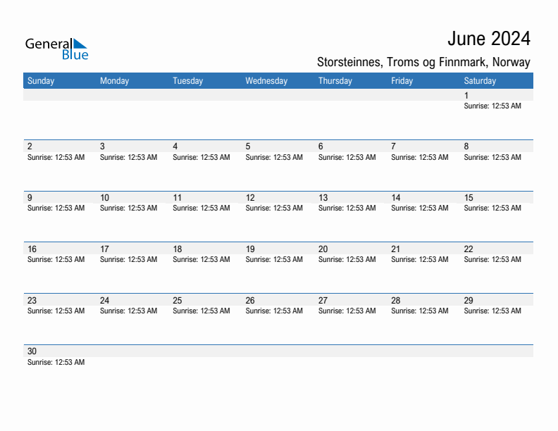 Storsteinnes June 2024 sunrise and sunset calendar in PDF, Excel, and Word