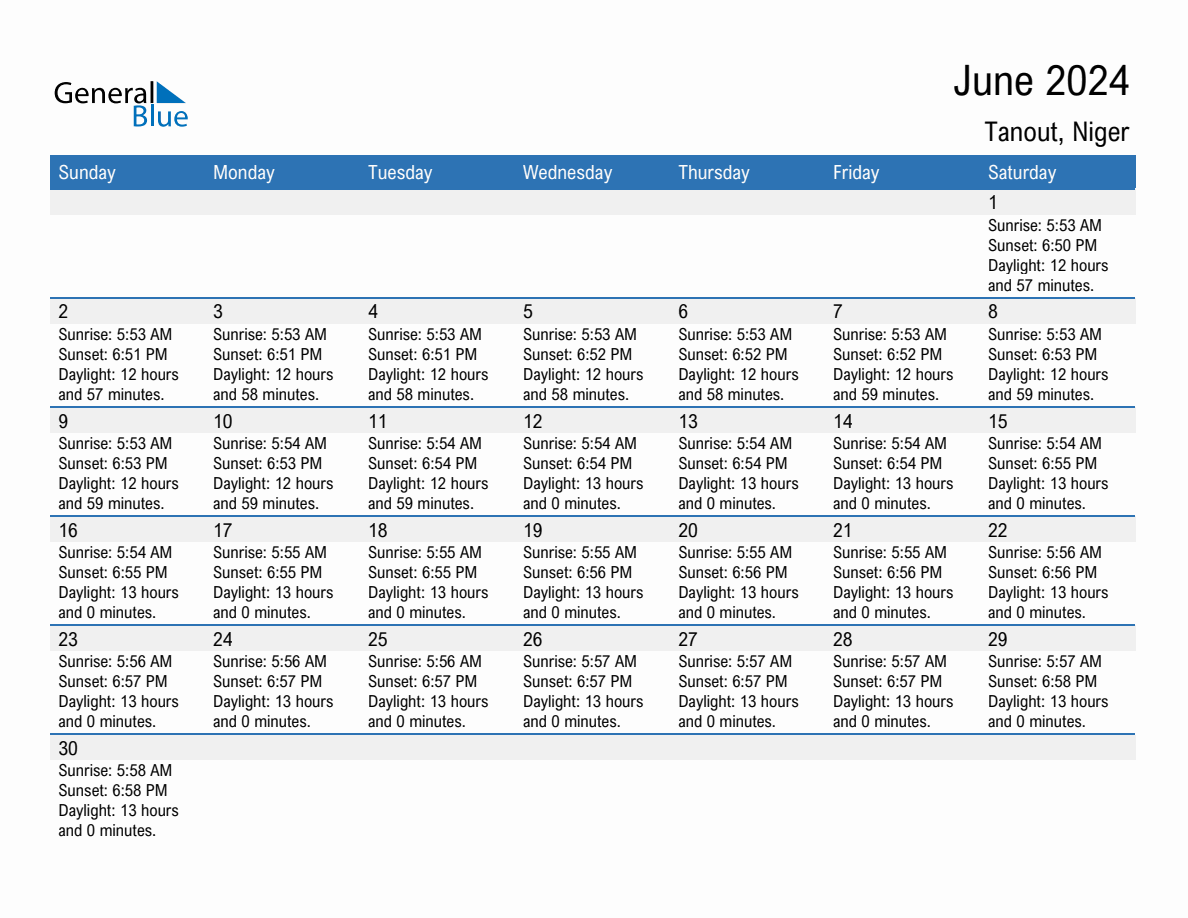 June 2024 sunrise and sunset calendar for Tanout