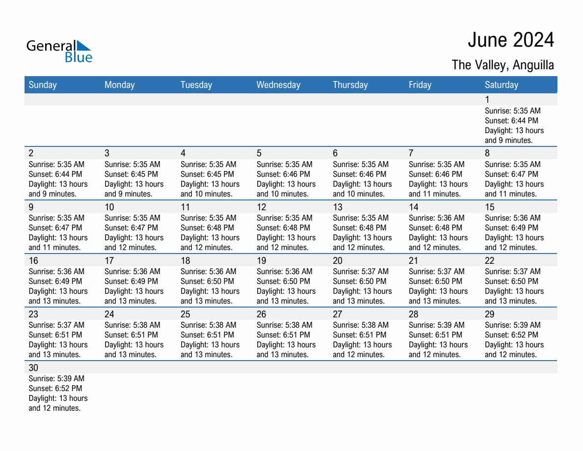 June 2024 sunrise and sunset calendar for The Valley