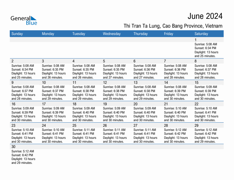 Thi Tran Ta Lung June 2024 sunrise and sunset calendar in PDF, Excel, and Word