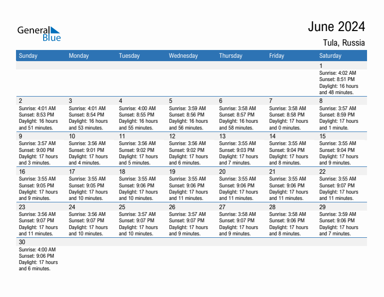 Tula June 2024 sunrise and sunset calendar in PDF, Excel, and Word