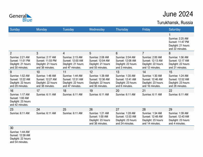 Turukhansk June 2024 sunrise and sunset calendar in PDF, Excel, and Word