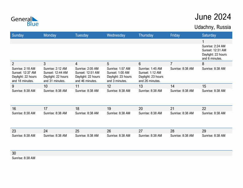 Udachny June 2024 sunrise and sunset calendar in PDF, Excel, and Word