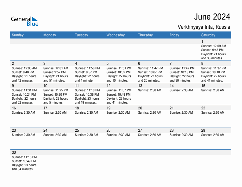 Verkhnyaya Inta June 2024 sunrise and sunset calendar in PDF, Excel, and Word