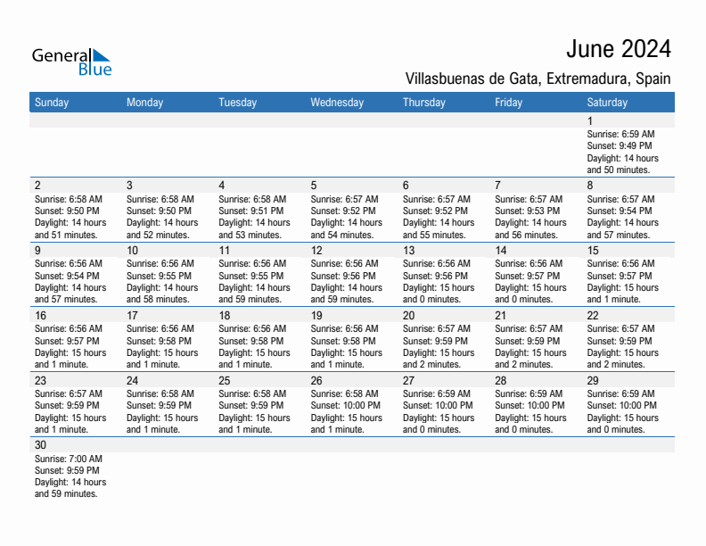 Villasbuenas de Gata June 2024 sunrise and sunset calendar in PDF, Excel, and Word