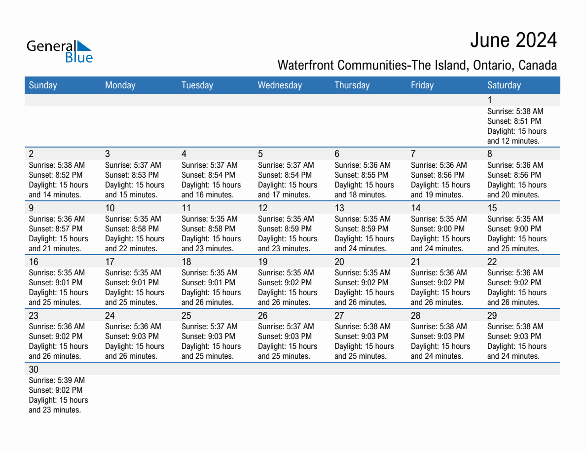 June 2024 sunrise and sunset calendar for Waterfront Communities-The Island