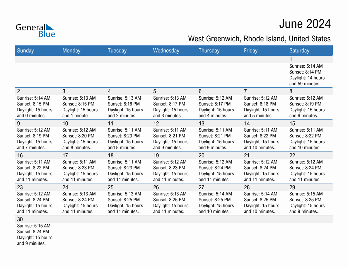 June 2024 sunrise and sunset calendar for West Greenwich