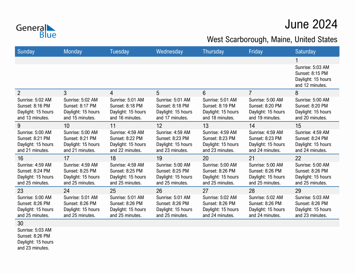 June 2024 sunrise and sunset calendar for West Scarborough