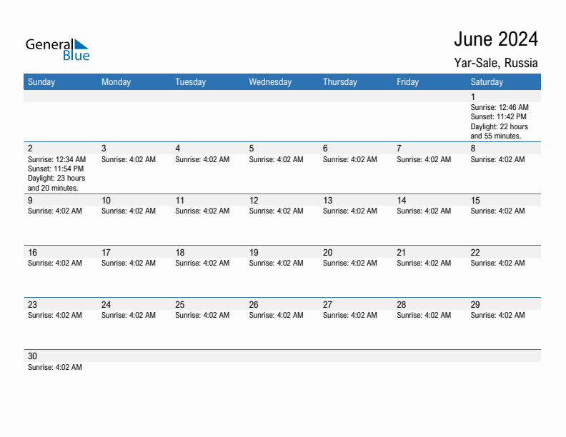 Yar-Sale June 2024 sunrise and sunset calendar in PDF, Excel, and Word