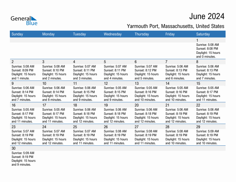 Yarmouth Port June 2024 sunrise and sunset calendar in PDF, Excel, and Word