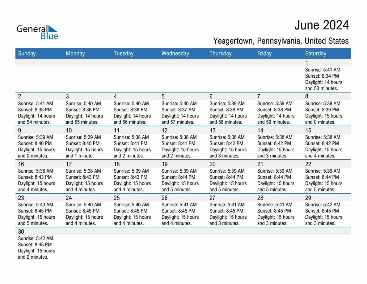 June 2024 sunrise and sunset calendar for Yeagertown