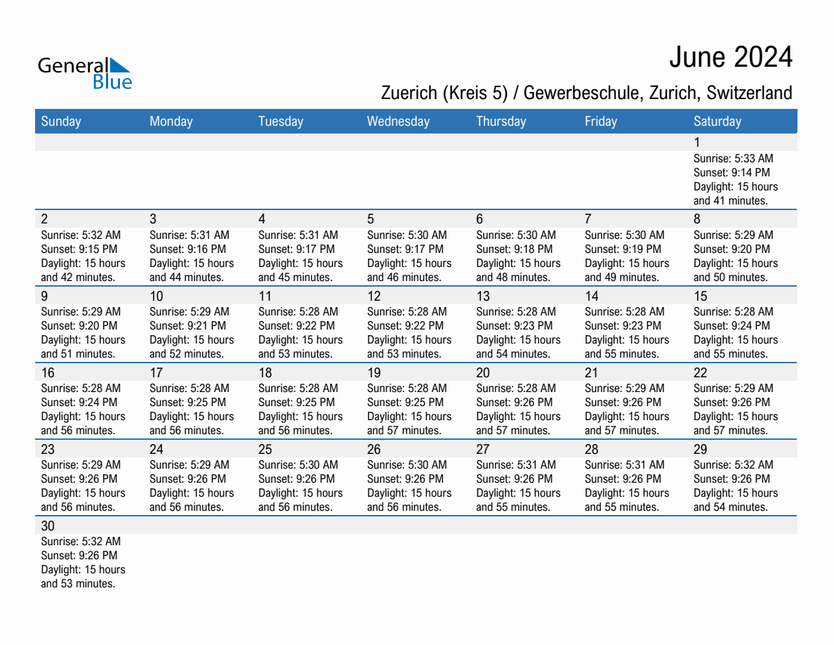 June 2024 sunrise and sunset calendar for Zuerich (Kreis 5) / Gewerbeschule