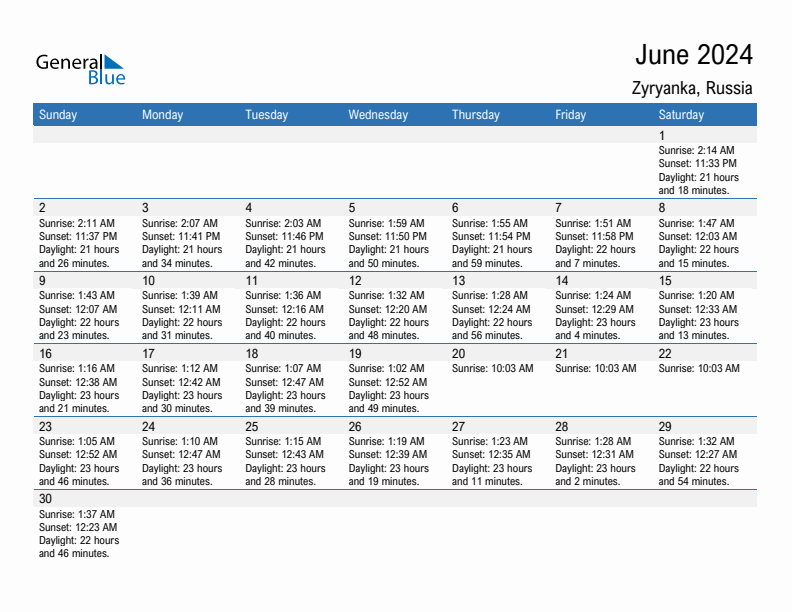 Zyryanka June 2024 sunrise and sunset calendar in PDF, Excel, and Word