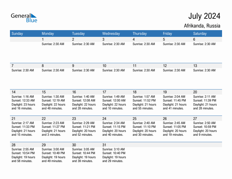 Afrikanda July 2024 sunrise and sunset calendar in PDF, Excel, and Word