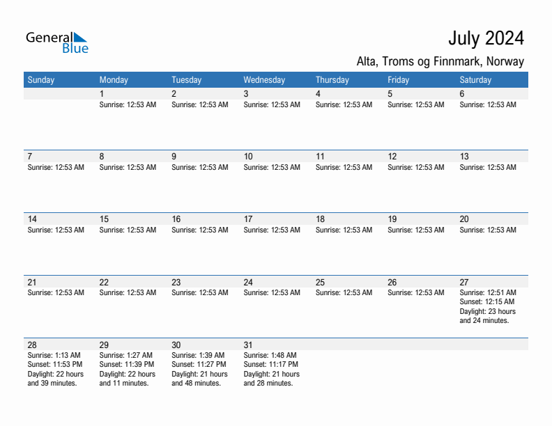 Alta July 2024 sunrise and sunset calendar in PDF, Excel, and Word