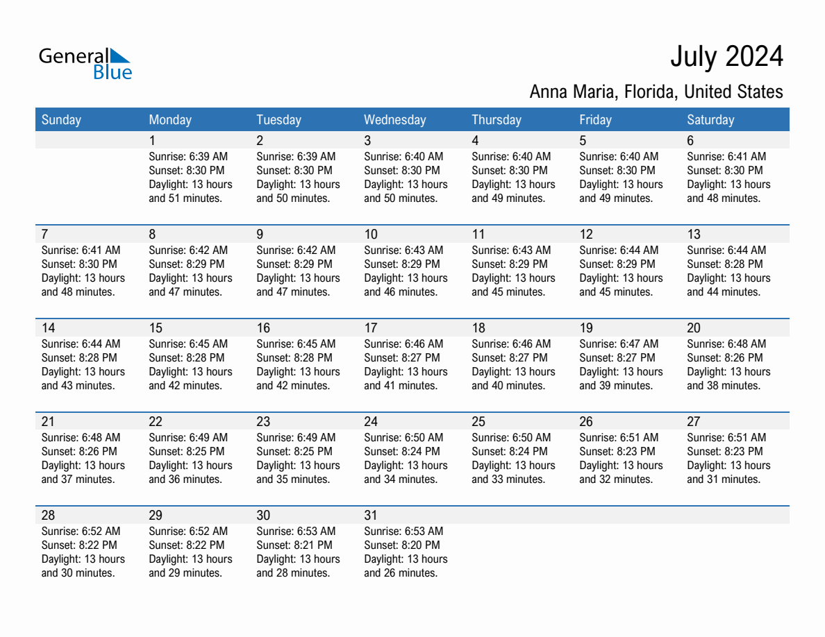 July 2024 Sunrise and Sunset Calendar for Anna Maria (PDF Excel Word)