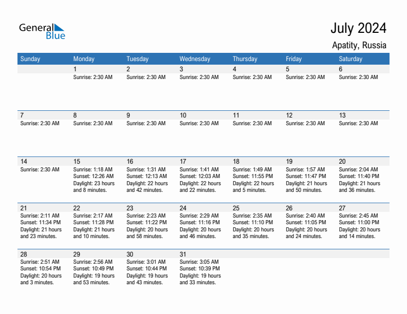 Apatity July 2024 sunrise and sunset calendar in PDF, Excel, and Word